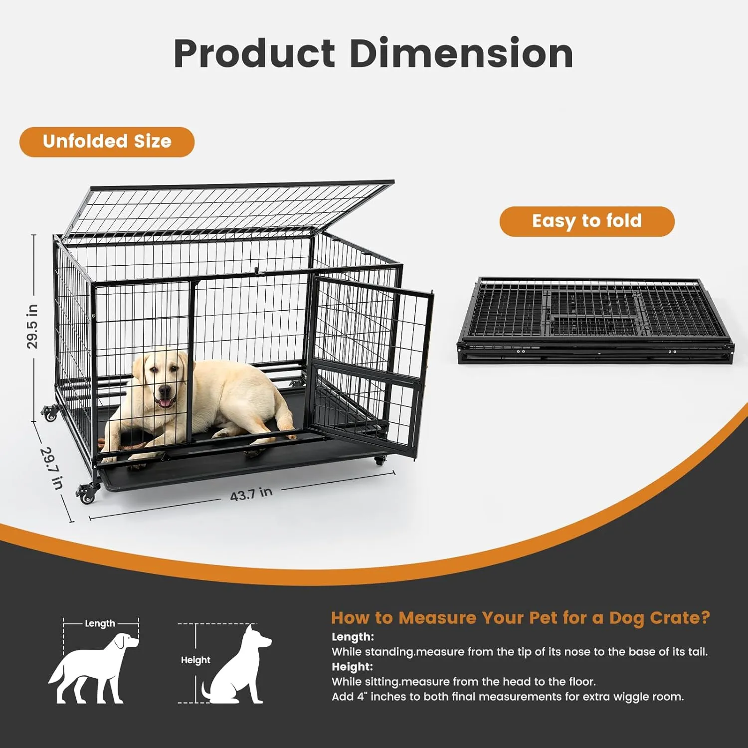 Gardner Pet 43 Inch Heavy Duty Dog Crate with Wheels, Folding Metal Dog Cage for Small/Medium and Large Dogs, Indestructible Dog Crate with Removable Tray (Black)