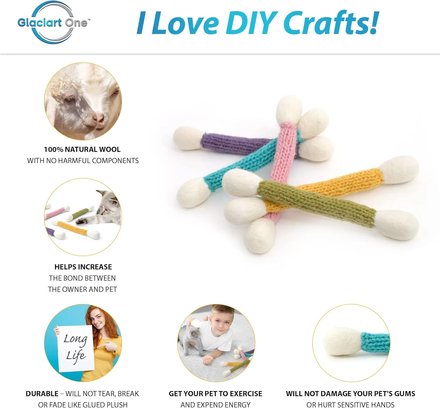 Glaciart One Swabs Cat Toys with Catnip - 5 PCS | Cute Cat Toys for Interaction, Exercise, & Play | Filled w/Organic Catnip for Anxiety & as Digestive Aid | Gift Idea