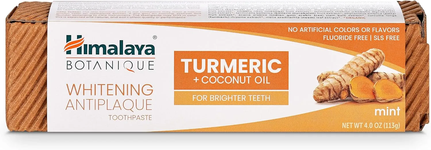 Himalaya Botanique Turmeric & Coconut Oil Whitening Antiplaque Herbal Toothpaste, Whitens Teeth, Fluoride Free, No Artificial Flavors, SLS Free, Vegan, Cruelty Free, Foaming, Mint Flavor, 4 Oz, 1 Pack