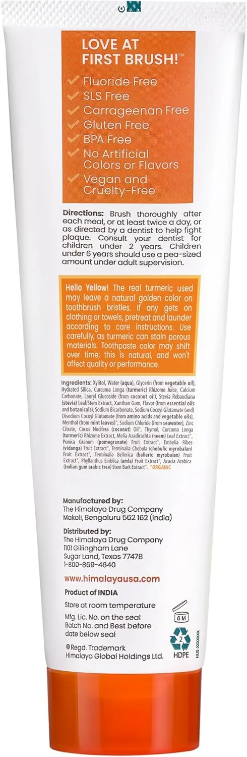 Himalaya Botanique Turmeric & Coconut Oil Whitening Antiplaque Herbal Toothpaste, Whitens Teeth, Fluoride Free, No Artificial Flavors, SLS Free, Vegan, Cruelty Free, Foaming, Mint Flavor, 4 Oz, 1 Pack