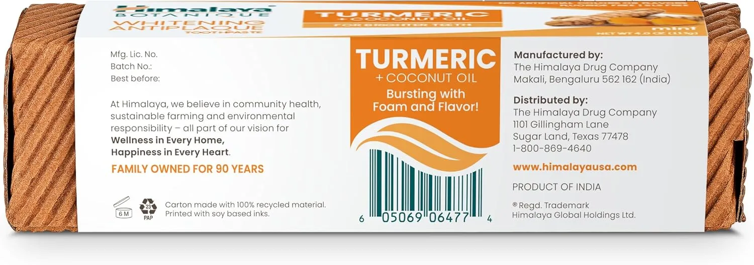 Himalaya Botanique Turmeric & Coconut Oil Whitening Antiplaque Herbal Toothpaste, Whitens Teeth, Fluoride Free, No Artificial Flavors, SLS Free, Vegan, Cruelty Free, Foaming, Mint Flavor, 4 Oz, 1 Pack