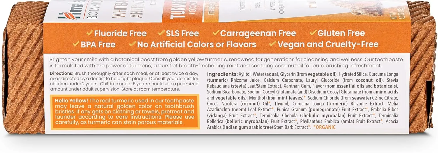 Himalaya Botanique Turmeric & Coconut Oil Whitening Antiplaque Herbal Toothpaste, Whitens Teeth, Fluoride Free, No Artificial Flavors, SLS Free, Vegan, Cruelty Free, Foaming, Mint Flavor, 4 Oz, 1 Pack