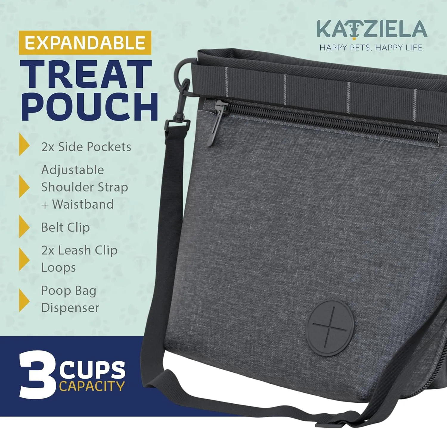 Katziela Expandable Pet Treat Pouch - Hands Free Dog Treat Pouch, Quick Access Magnet Closure - Anti Spill Dog Treat Bag - Treat Pouches for Pet Training, Adjustable Shoulder Strap & Belt Clip (Black)