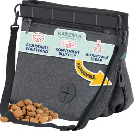 Katziela Expandable Pet Treat Pouch - Hands Free Dog Treat Pouch, Quick Access Magnet Closure - Anti Spill Dog Treat Bag - Treat Pouches for Pet Training, Adjustable Shoulder Strap & Belt Clip (Black)