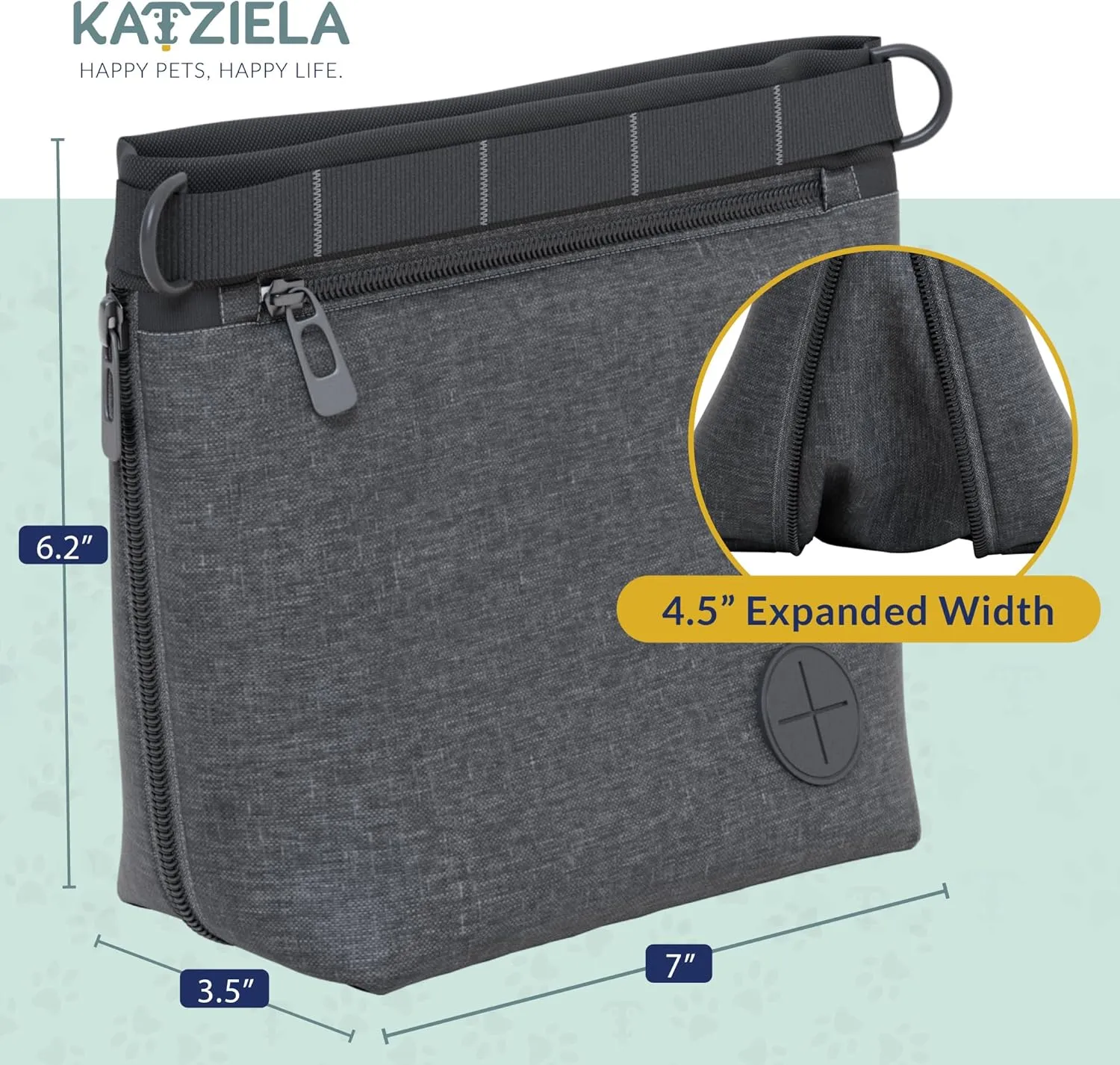 Katziela Expandable Pet Treat Pouch - Hands Free Dog Treat Pouch, Quick Access Magnet Closure - Anti Spill Dog Treat Bag - Treat Pouches for Pet Training, Adjustable Shoulder Strap & Belt Clip (Black)