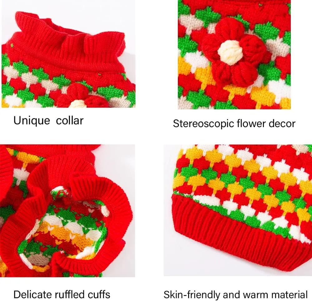 Knitted Tulip Cat Sweater, Warm Thick Holiday Puppy Clothes for Small Dog Girl, Cold Weather Outfit for Kitten Chihuahua Yorkie Teacup Dachshund Pug (Red, Small)