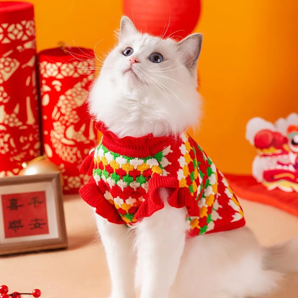 Knitted Tulip Cat Sweater, Warm Thick Holiday Puppy Clothes for Small Dog Girl, Cold Weather Outfit for Kitten Chihuahua Yorkie Teacup Dachshund Pug (Red, Small)