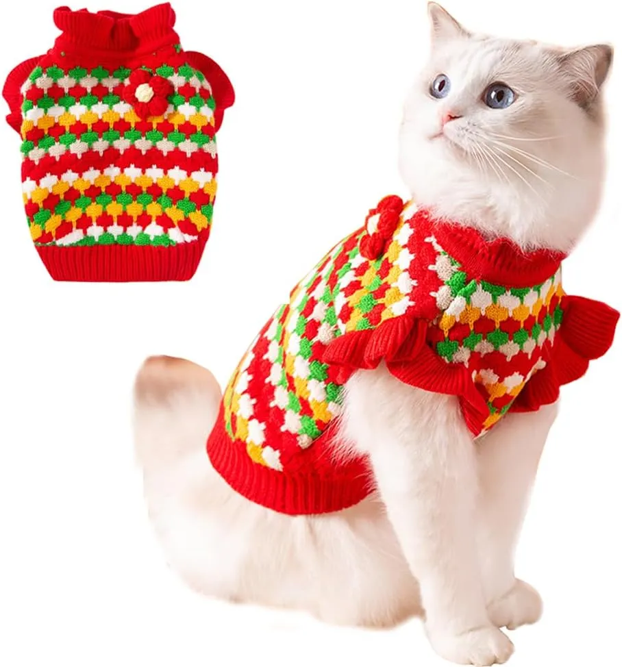 Knitted Tulip Cat Sweater, Warm Thick Holiday Puppy Clothes for Small Dog Girl, Cold Weather Outfit for Kitten Chihuahua Yorkie Teacup Dachshund Pug (Red, Small)