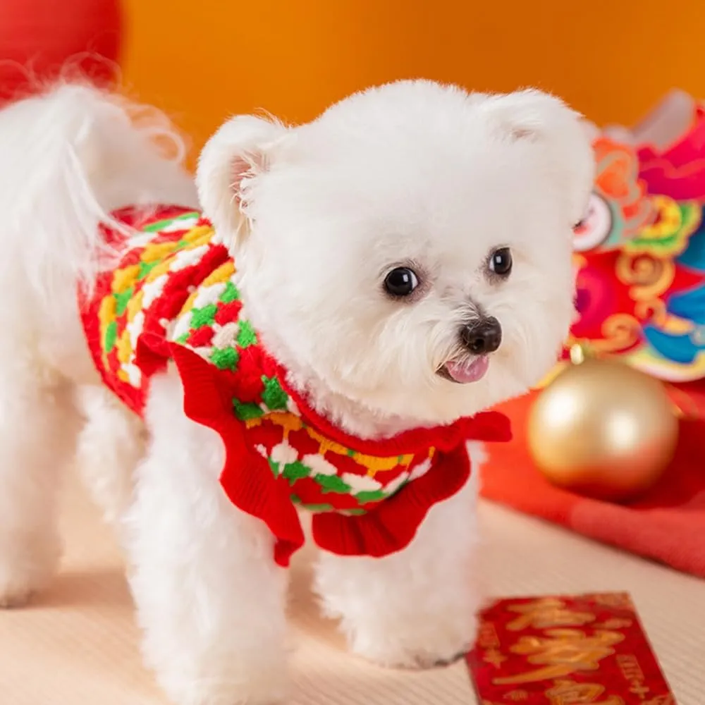 Knitted Tulip Cat Sweater, Warm Thick Holiday Puppy Clothes for Small Dog Girl, Cold Weather Outfit for Kitten Chihuahua Yorkie Teacup Dachshund Pug (Red, Small)