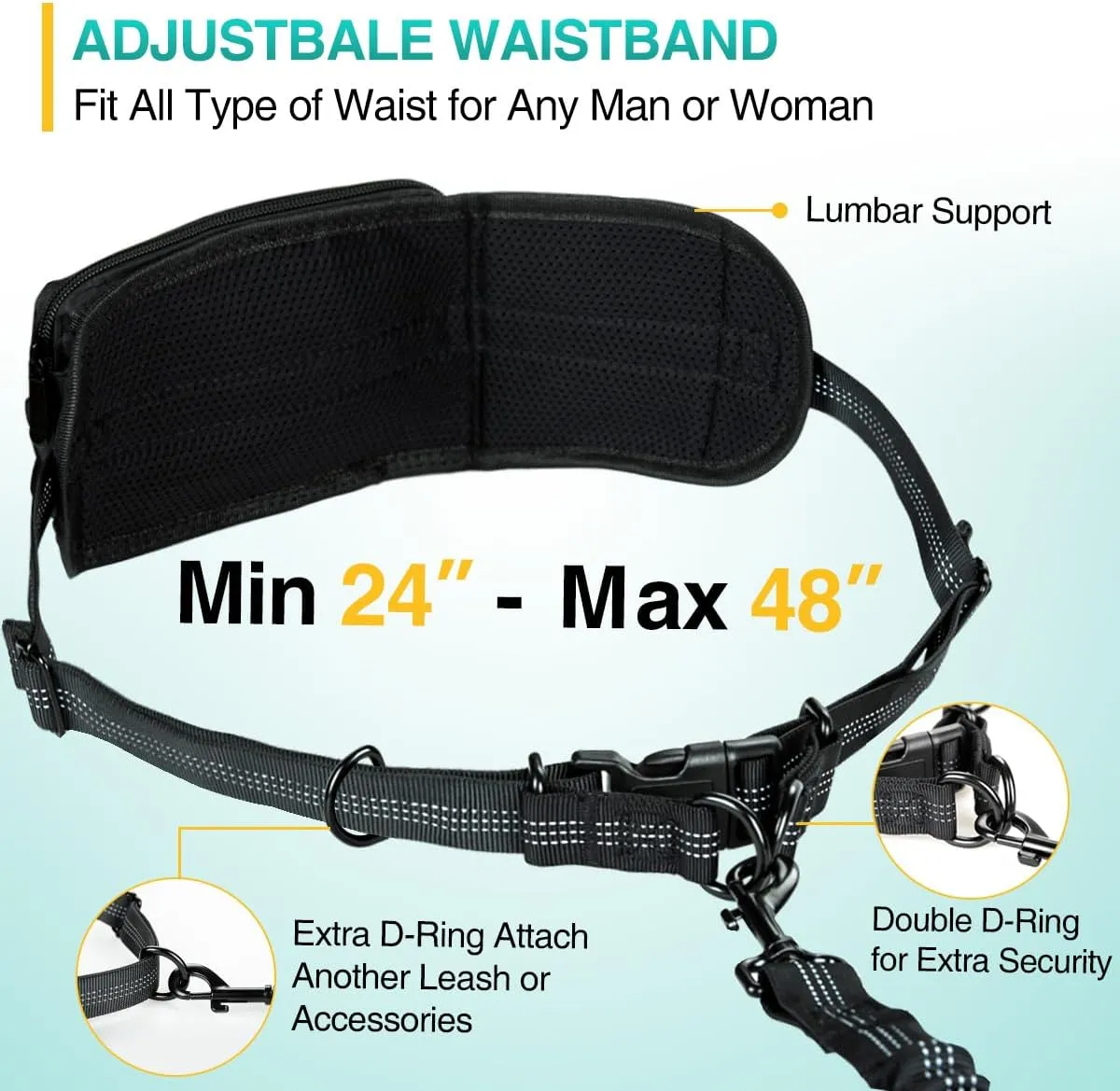 Kytely Hands Free Dog Leash with Zipper Pouch, Wide Padded Waist Dog Running Leash, Dual Padded Handles, Retractable Bungee for Walking Jogging Training Hiking
