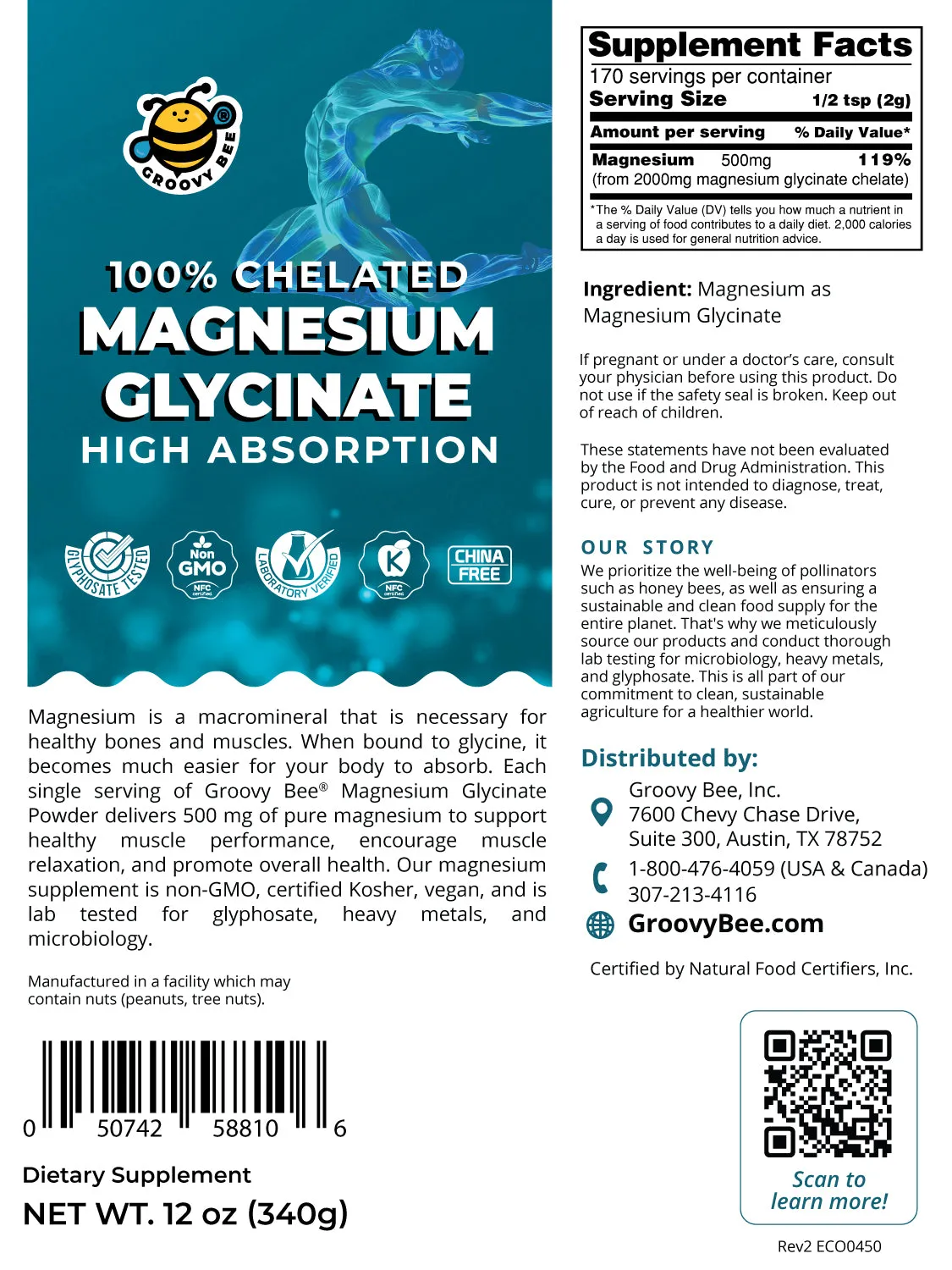 Magnesium Glycinate High Absorption Powder 12 oz (340 g) (6-Pack)