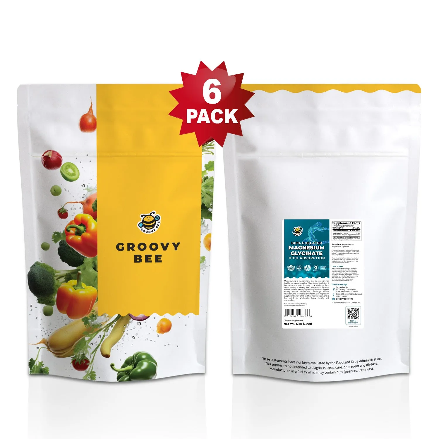 Magnesium Glycinate High Absorption Powder 12 oz (340 g) (6-Pack)