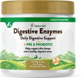 NaturVet  Digestive Enzymes for Dogs - Plus Probiotics & Prebiotics | Helps Support Diet Change & A Healthy Digestive Tract | for Dogs & Cats | 8 oz Powder