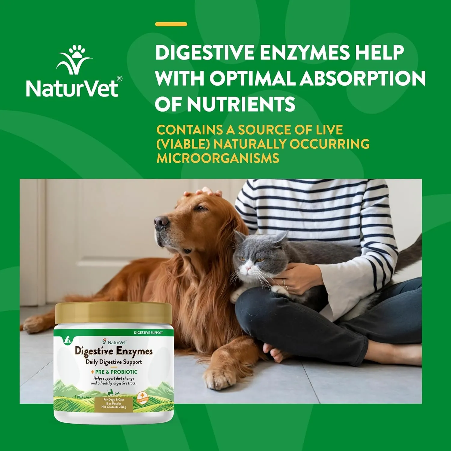 NaturVet  Digestive Enzymes for Dogs - Plus Probiotics & Prebiotics | Helps Support Diet Change & A Healthy Digestive Tract | for Dogs & Cats | 8 oz Powder