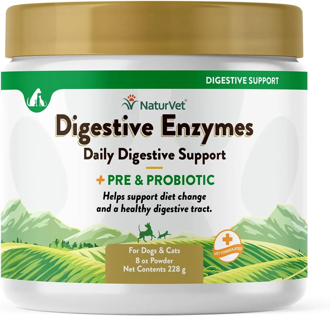 NaturVet  Digestive Enzymes for Dogs - Plus Probiotics & Prebiotics | Helps Support Diet Change & A Healthy Digestive Tract | for Dogs & Cats | 8 oz Powder