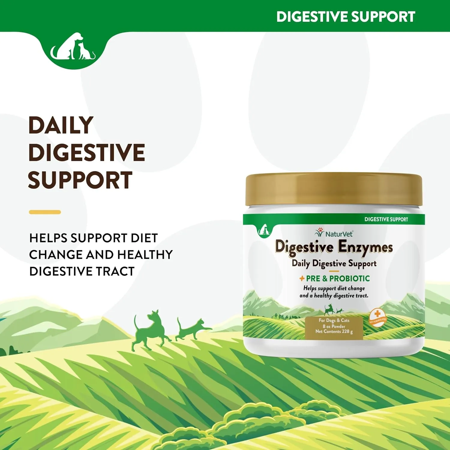 NaturVet  Digestive Enzymes for Dogs - Plus Probiotics & Prebiotics | Helps Support Diet Change & A Healthy Digestive Tract | for Dogs & Cats | 8 oz Powder