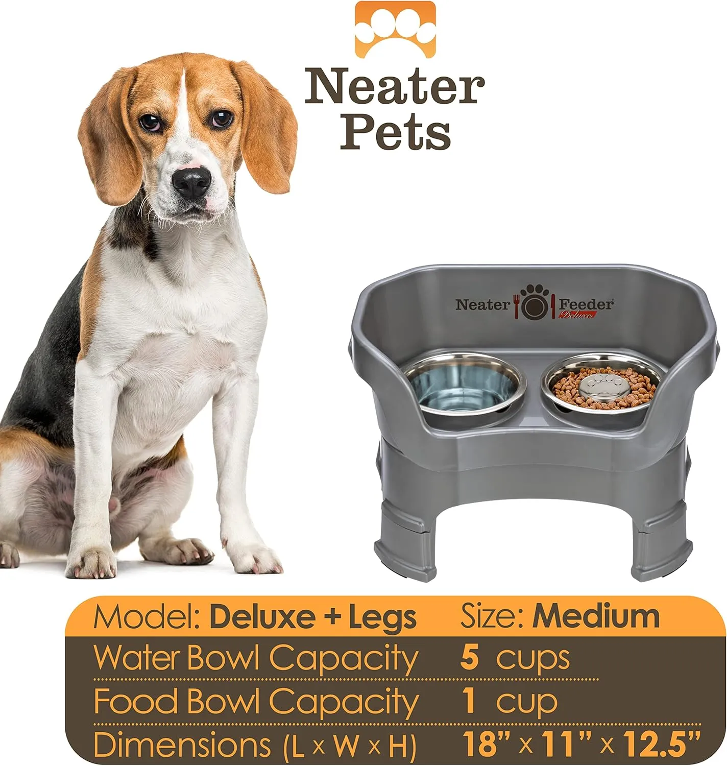 Neater Feeder Deluxe Mess Proof Dog Bowls Elevated for Medium Sized Breeds  Made in USA  No Spill Raised Slow Feeder Elevated Dog Bowl Stand w/Leg Extensions, Food and Water Bowl Set, Grey