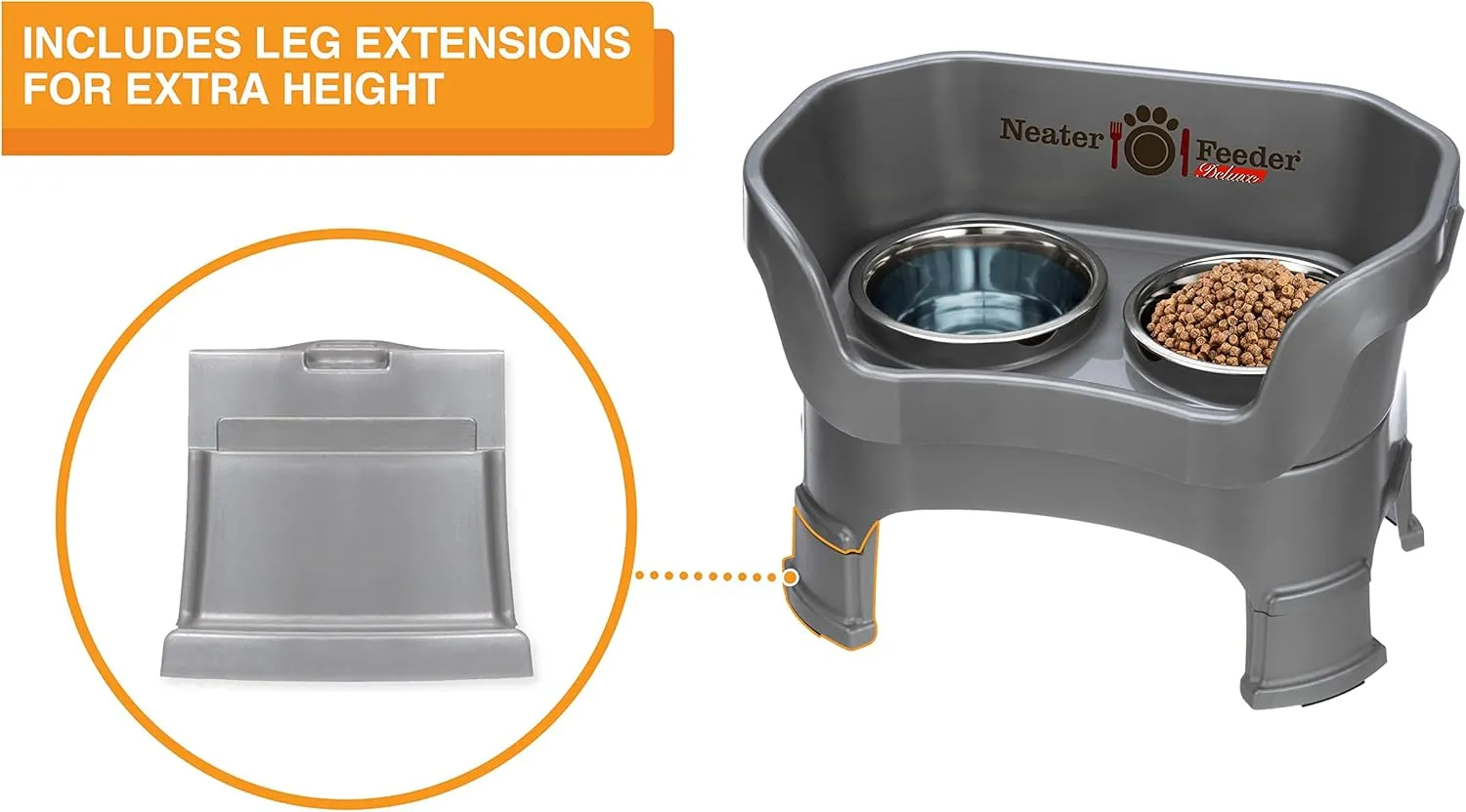 Neater Feeder Deluxe Mess Proof Dog Bowls Elevated for Medium Sized Breeds  Made in USA  No Spill Raised Slow Feeder Elevated Dog Bowl Stand w/Leg Extensions, Food and Water Bowl Set, Grey