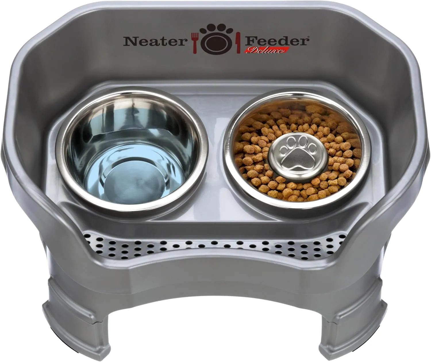 Neater Feeder Deluxe Mess Proof Dog Bowls Elevated for Medium Sized Breeds  Made in USA  No Spill Raised Slow Feeder Elevated Dog Bowl Stand w/Leg Extensions, Food and Water Bowl Set, Grey