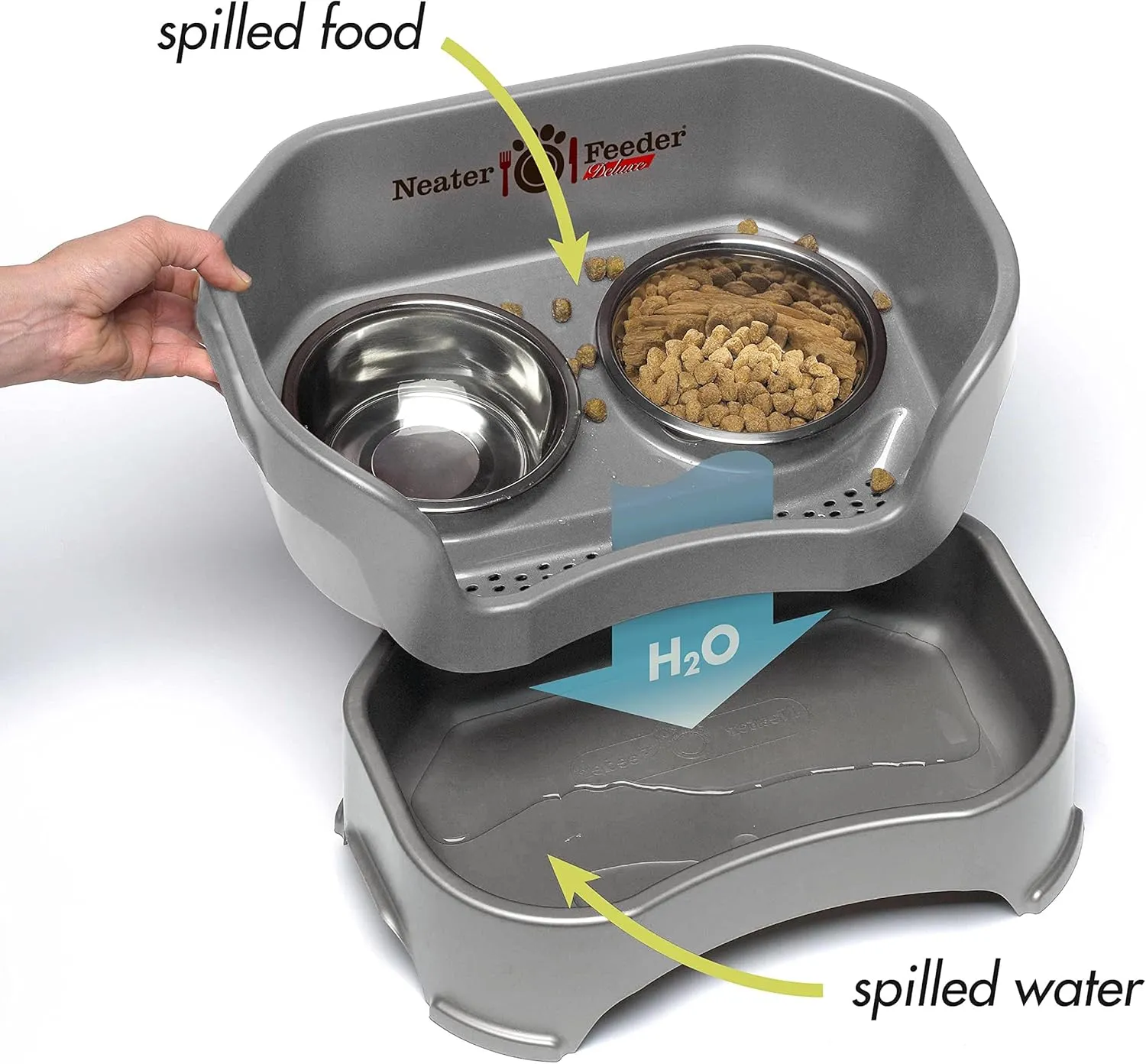 Neater Feeder Deluxe Mess Proof Dog Bowls Elevated for Medium Sized Breeds  Made in USA  No Spill Raised Slow Feeder Elevated Dog Bowl Stand w/Leg Extensions, Food and Water Bowl Set, Grey