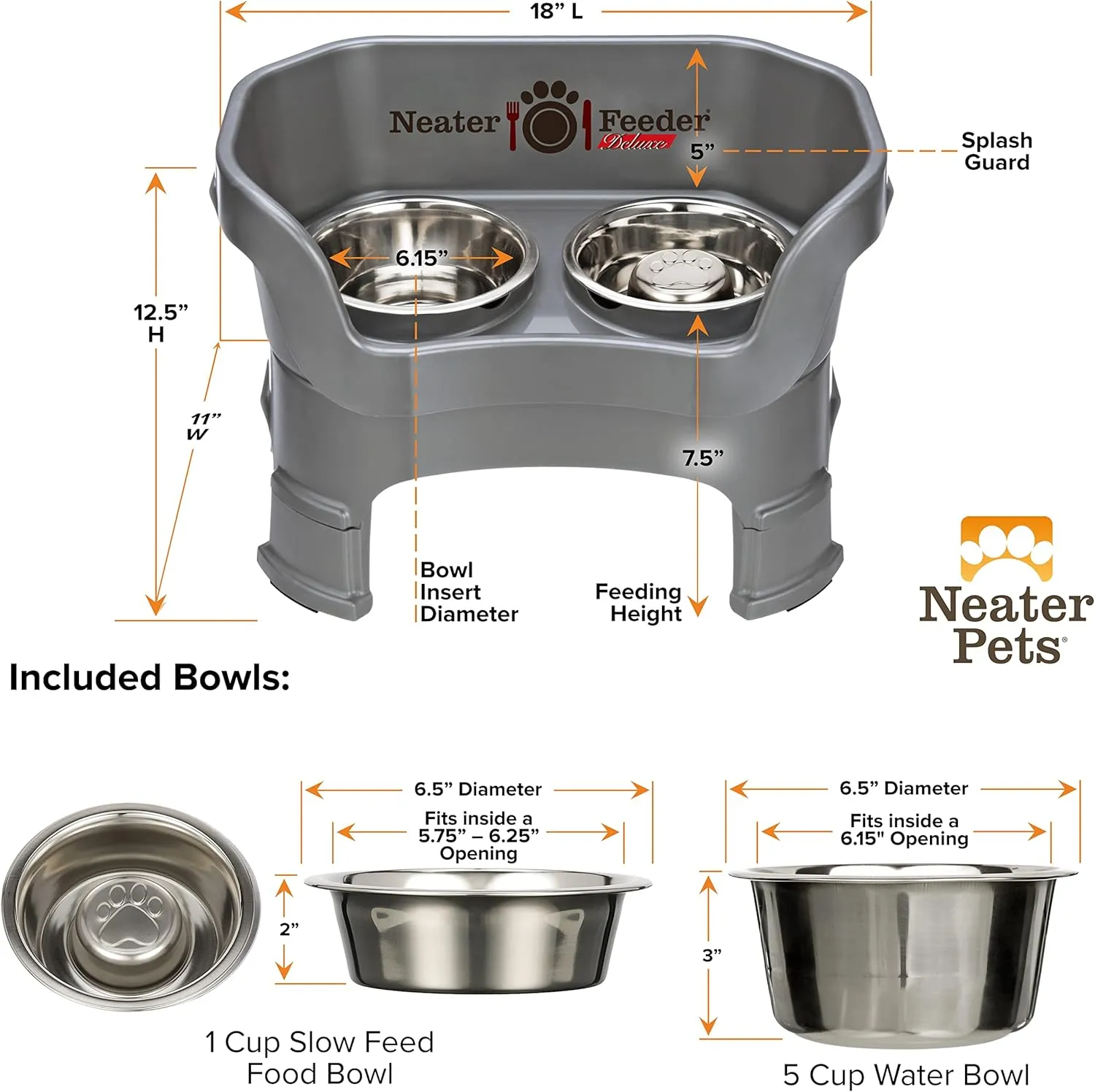 Neater Feeder Deluxe Mess Proof Dog Bowls Elevated for Medium Sized Breeds  Made in USA  No Spill Raised Slow Feeder Elevated Dog Bowl Stand w/Leg Extensions, Food and Water Bowl Set, Grey