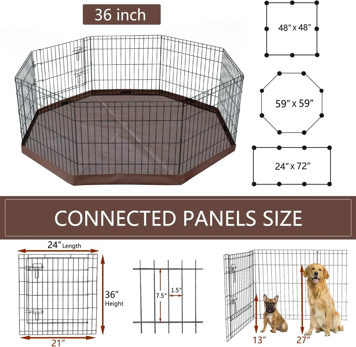NEZUC Foldable Metal Dog Exercise Playpen Gate Fence Dog Crate 8 Panels 36 Inch Height Puppy Kennels with Bottom Pad for Animals Outdoor Indoor (with Bottom pad, 8 Panels 36" H)