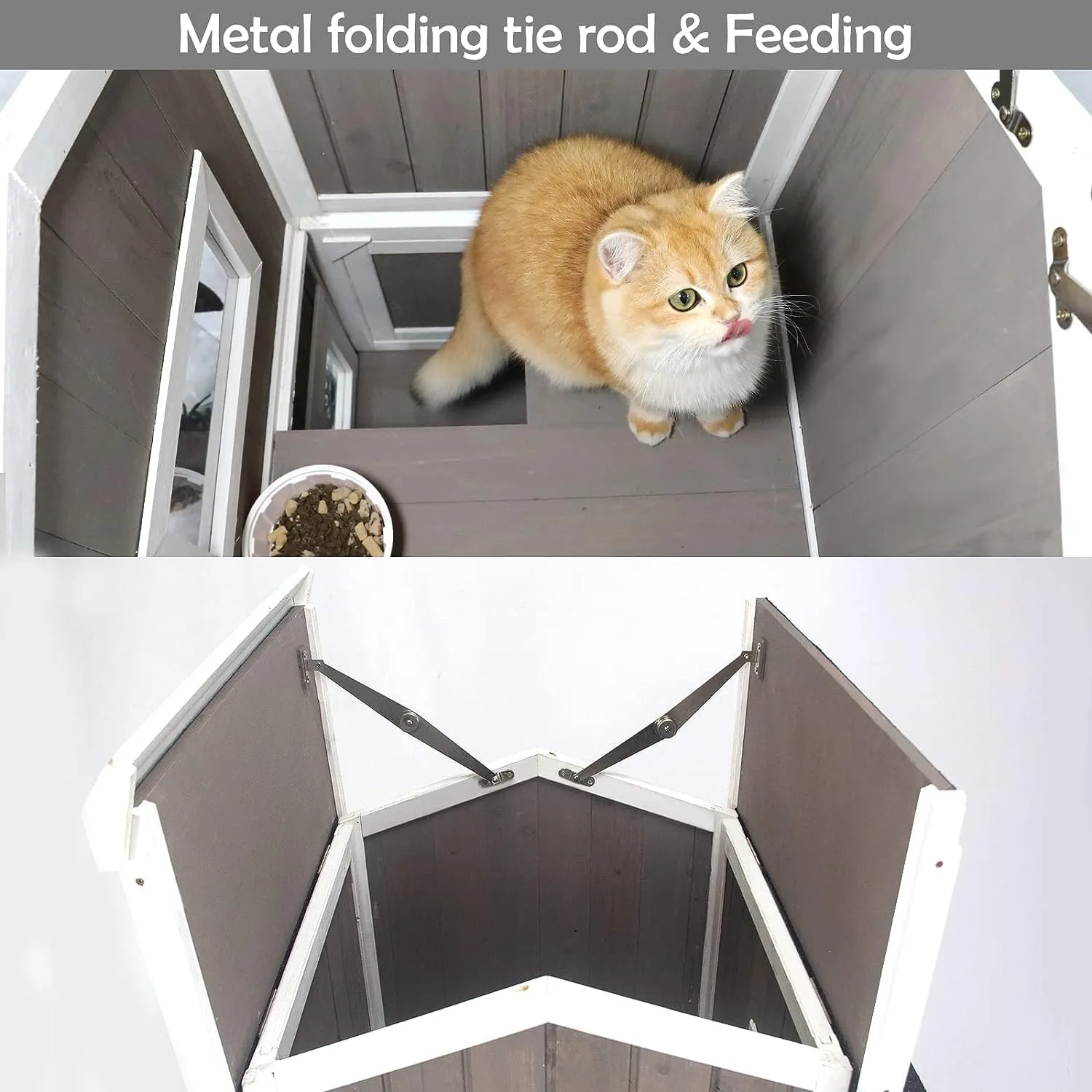 Outdoor Cat Shelter Weatherproof, Two Story Wooden Outside Feral Cat House with Openable Roof, Escape Door