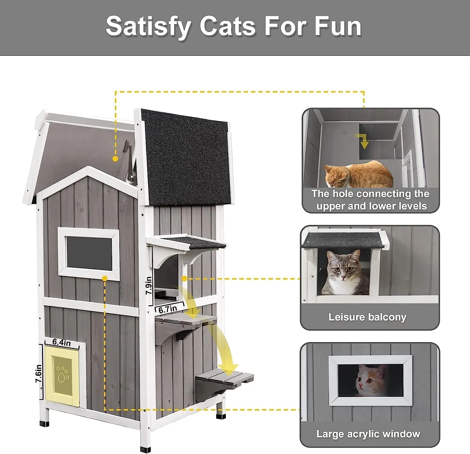 Outdoor Cat Shelter Weatherproof, Two Story Wooden Outside Feral Cat House with Openable Roof, Escape Door