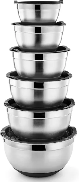 P&P CHEF Mixing Bowls With Lids, Set of 6, Stainless Steel Nesting Mixing Bowls & Fitting Lids & Non-Slip Silicone Bottom, Ideal for Mixing, Storing, Size 0.7/1/1.5/2.5/3/4.6 Qt, Black