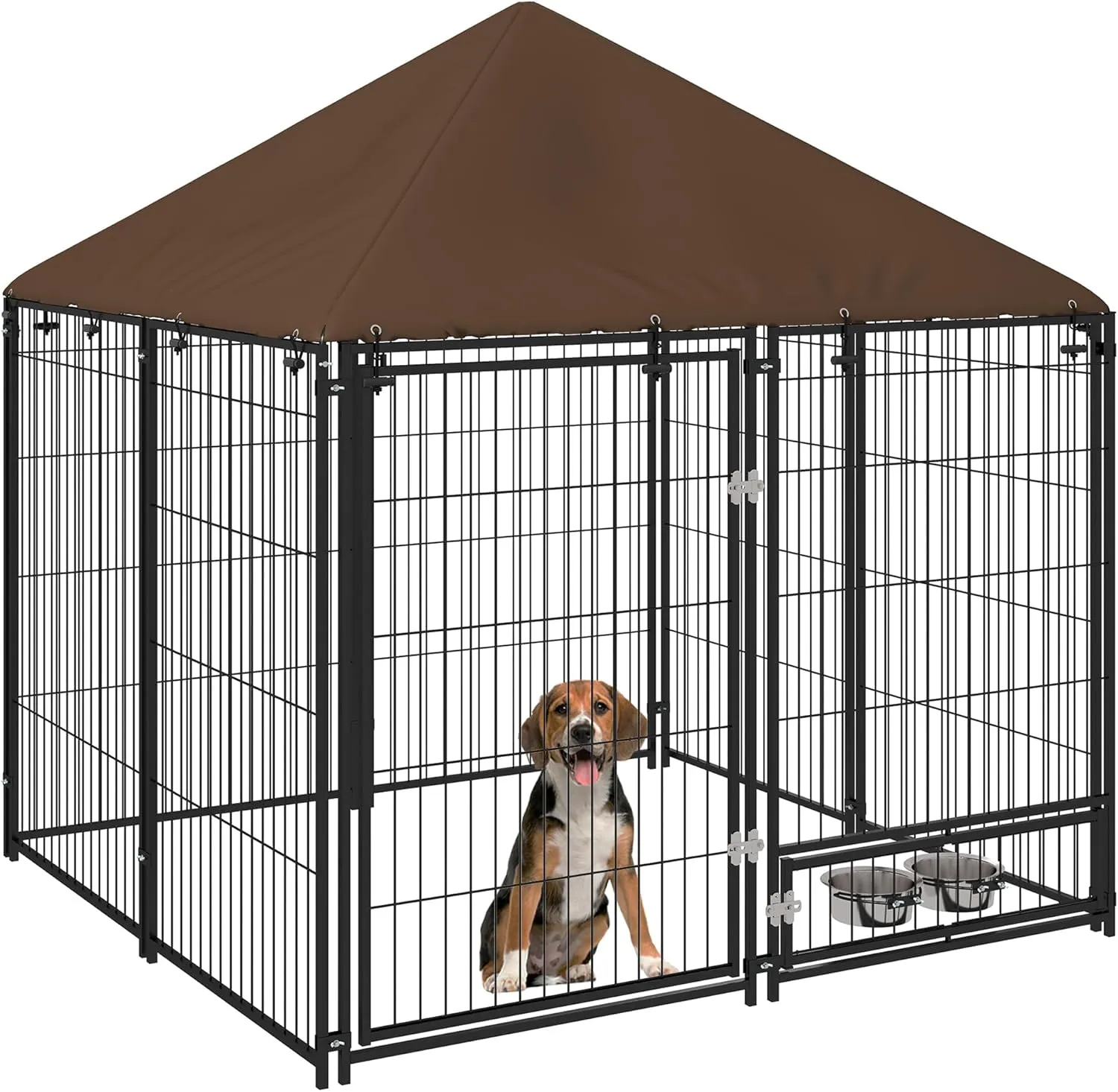 PawHut Outside Dog Kennel, 4.6' x 4.6' x 5' Puppy Play Pen with Canopy, Garden Playpen Fence Crate Enclosure Cage Rotating Bowl, Black