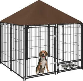 PawHut Outside Dog Kennel, 4.6' x 4.6' x 5' Puppy Play Pen with Canopy, Garden Playpen Fence Crate Enclosure Cage Rotating Bowl, Black