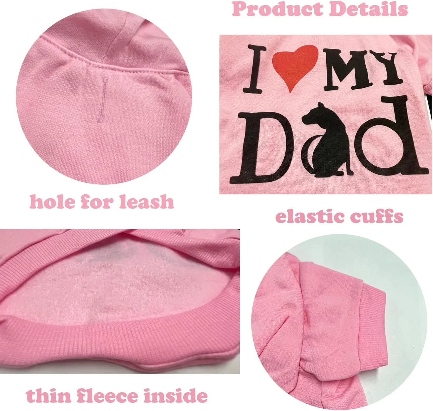Pet Clothes, Dog Hoodies Shirt I Love My Dad Puppy Sweatshirt for Small Dog Cat (L, Pink)