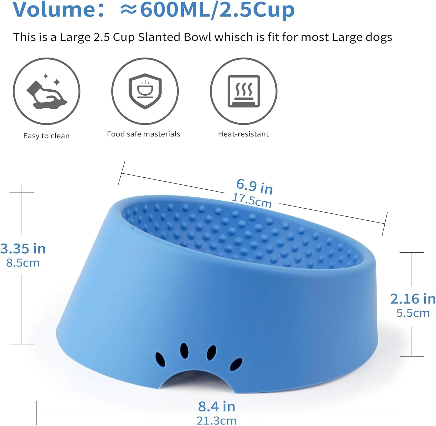Pet Dog Food Bowl 10 Slanted Silicone Material Easy to Clean Non-Skid & Non-Spill Easier to Reach Food L/2.5 Cups Blue