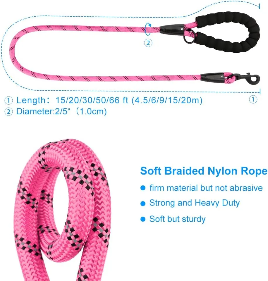 Plutus Pet Long Rope Dog Leash with Comfortable Padded Handle, Reflective Nylon Heavy Duty Rope, 15FT 20FT 30FT for Small Medium Large Dogs (15FT, Pink)