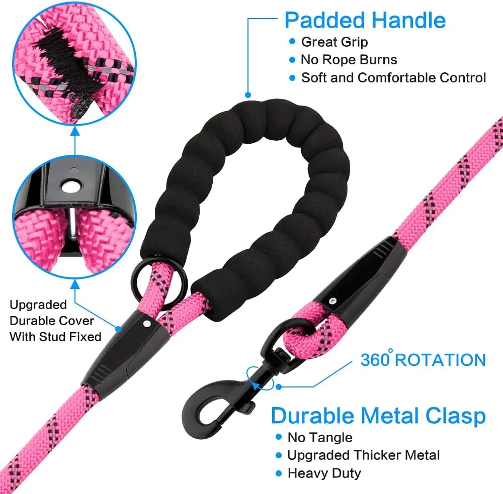 Plutus Pet Long Rope Dog Leash with Comfortable Padded Handle, Reflective Nylon Heavy Duty Rope, 15FT 20FT 30FT for Small Medium Large Dogs (15FT, Pink)
