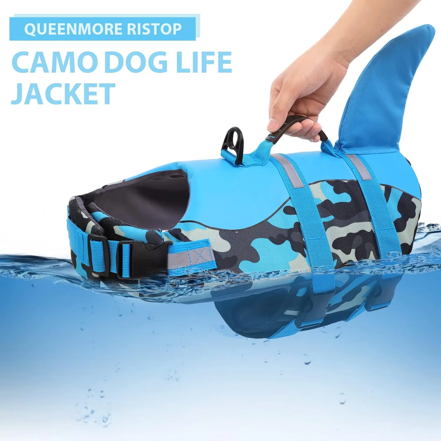 Queenmore Dog Life Jacket Ripstop Dog Shark Safety Vest Adjustable Preserver with High Buoyancy and Durable Rescue Handle for Small,Medium,Large Dogs, Blue Camouflage Small