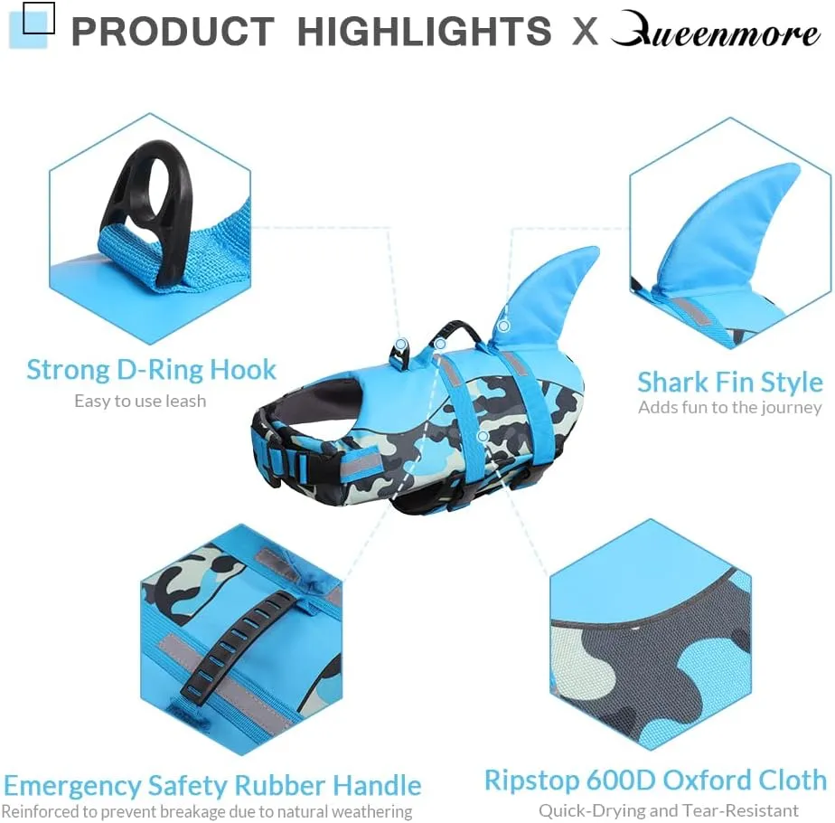 Queenmore Dog Life Jacket Ripstop Dog Shark Safety Vest Adjustable Preserver with High Buoyancy and Durable Rescue Handle for Small,Medium,Large Dogs, Blue Camouflage Small