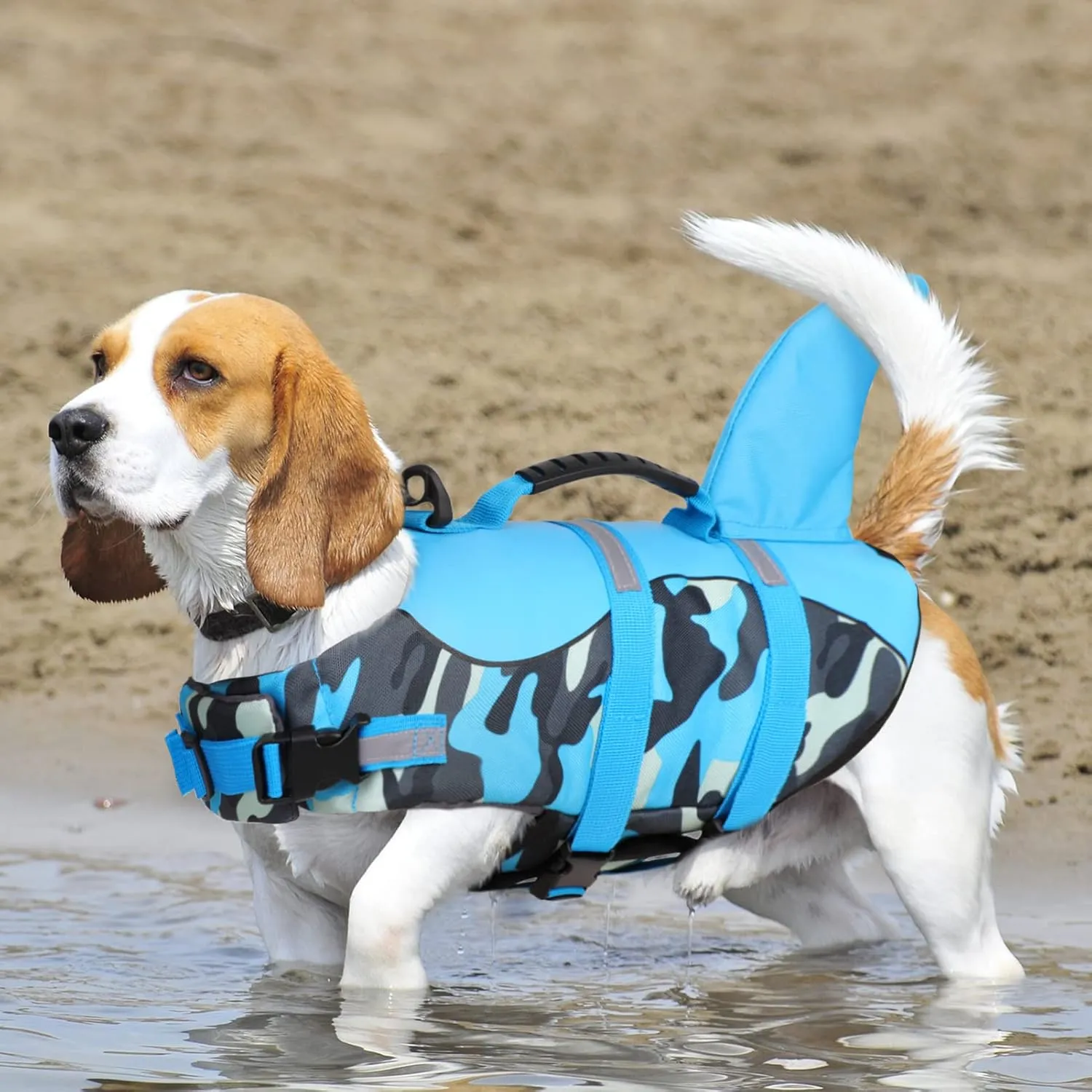 Queenmore Dog Life Jacket Ripstop Dog Shark Safety Vest Adjustable Preserver with High Buoyancy and Durable Rescue Handle for Small,Medium,Large Dogs, Blue Camouflage Small
