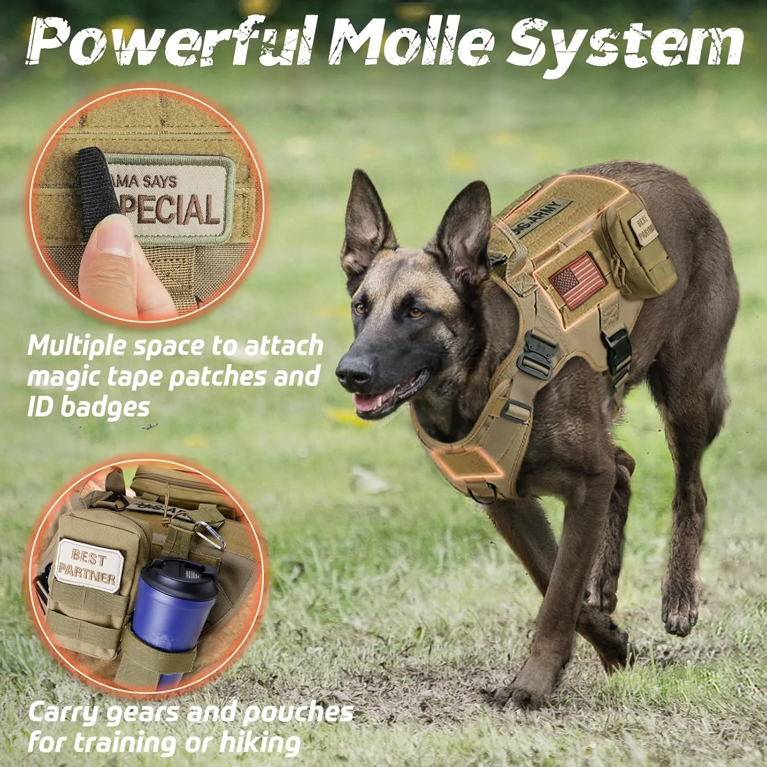 rabbitgoo Tactical Dog Harness for Small, Heavy Duty Pet Harness with Handle, No-Pull Service Vest Small Breed, Adjustable Military Dog Vest for Training Hunting Walking, Brown, S