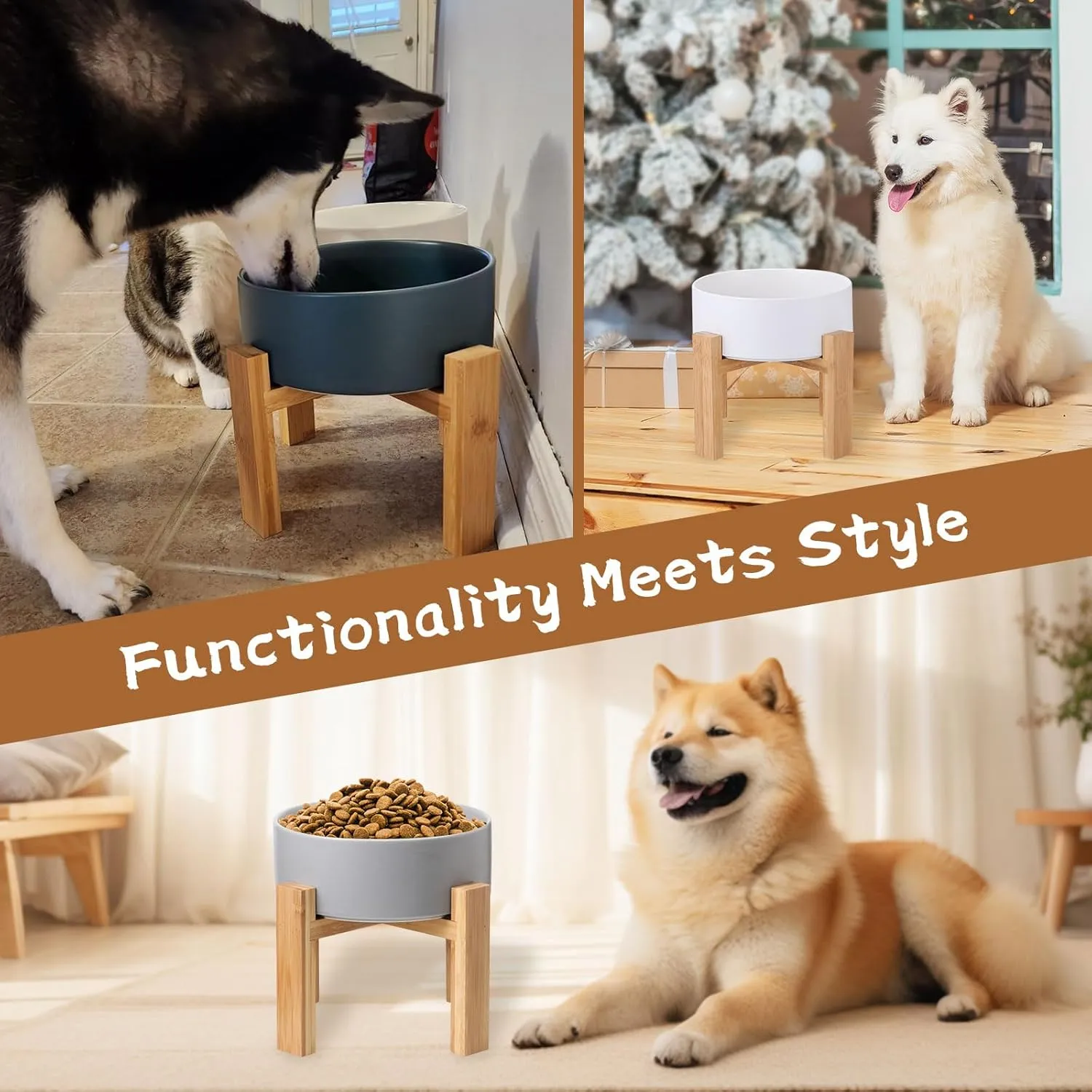 Raised Ceramic Large Dog Bowl - Heavy Weighted Dog Dish with Bamboo Stand - Elevated for Comfortable Feeding - 8.3" W x 8" H - 4.5 Cups (68 fl oz) - White