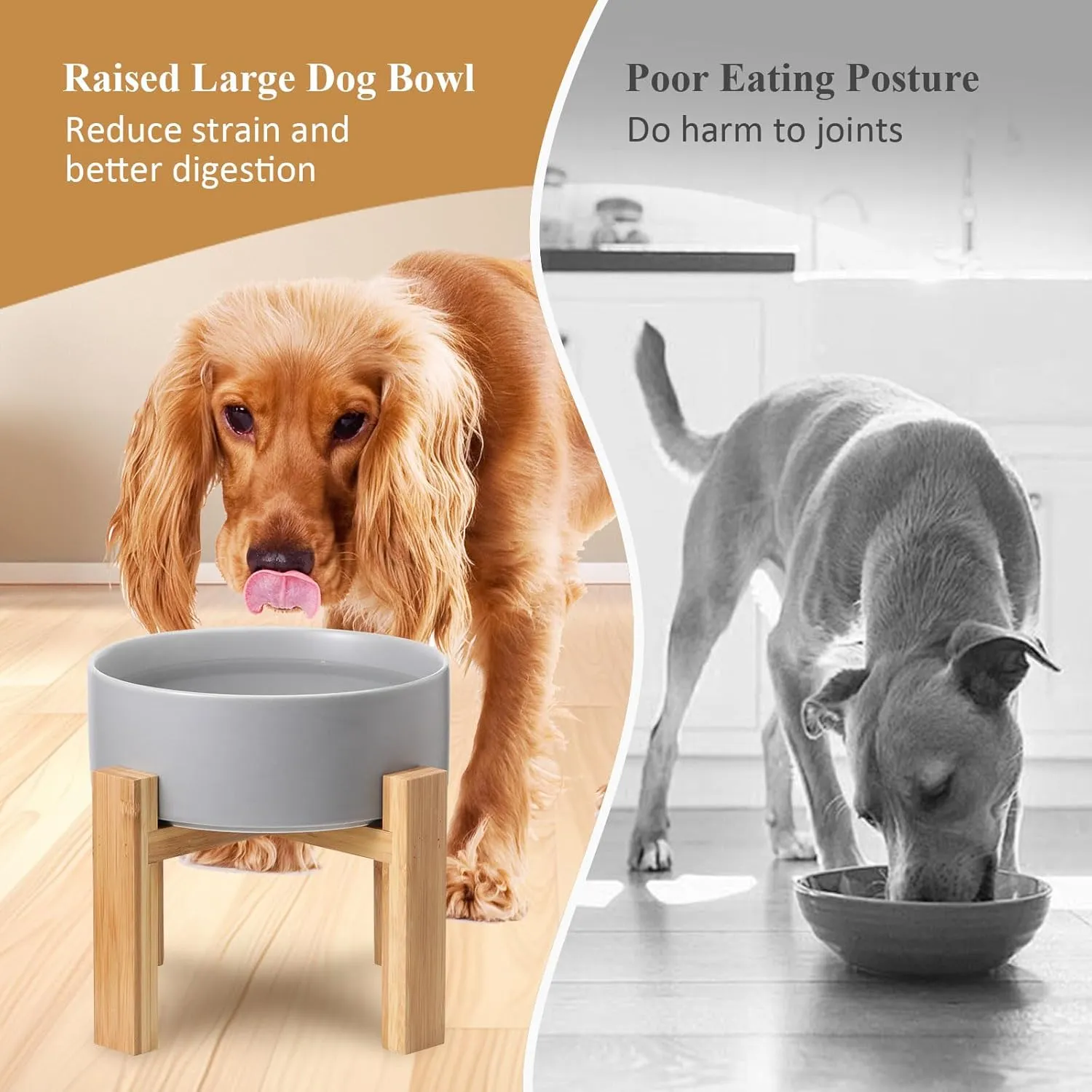 Raised Ceramic Large Dog Bowl - Heavy Weighted Dog Dish with Bamboo Stand - Elevated for Comfortable Feeding - 8.3" W x 8" H - 4.5 Cups (68 fl oz) - White