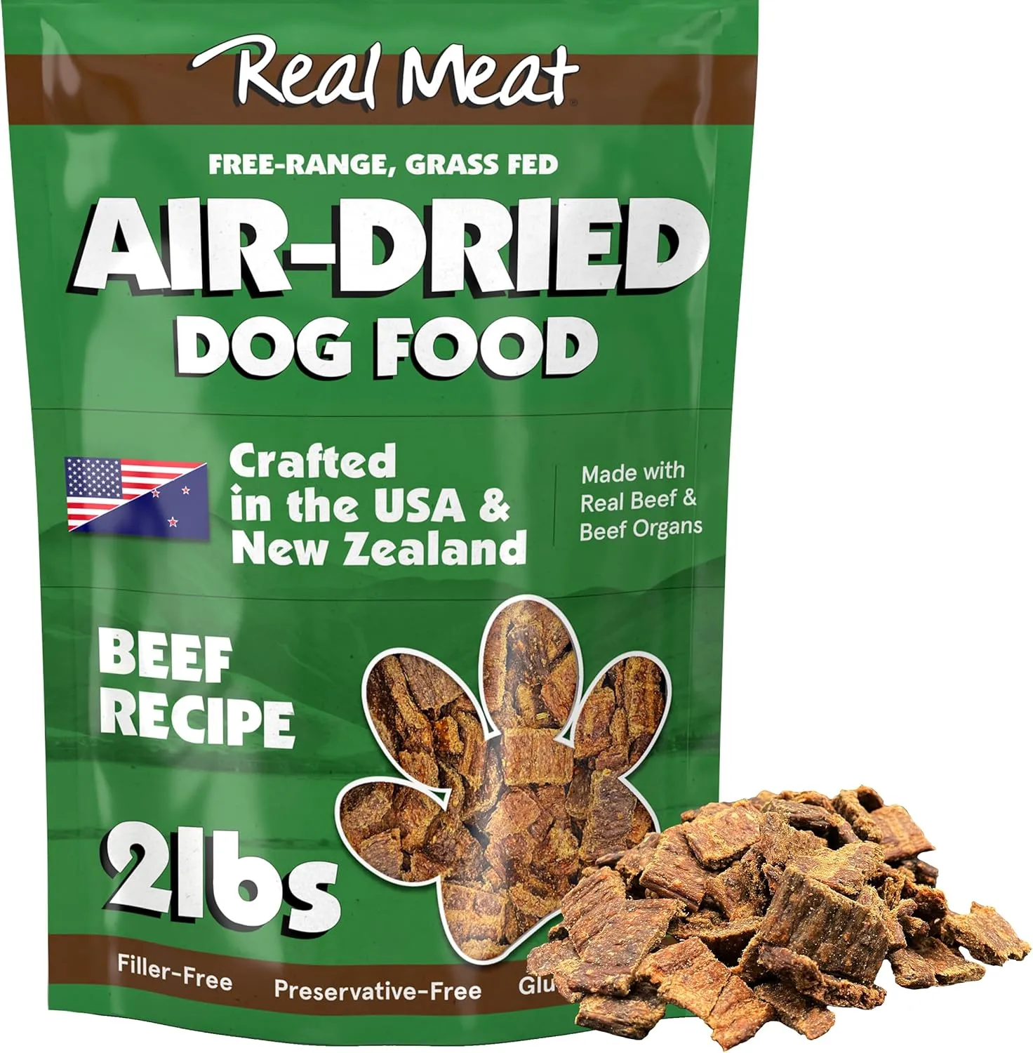 Real Meat Air Dried Dog Food w/Real Beef - 2lb Bag of USA-Crafted Grain-Free Real Meat Dog Food Sourced from Hormone-Free, Free-Range, Grass-Fed Beef - Digestible, All Natural, High Protein Beef