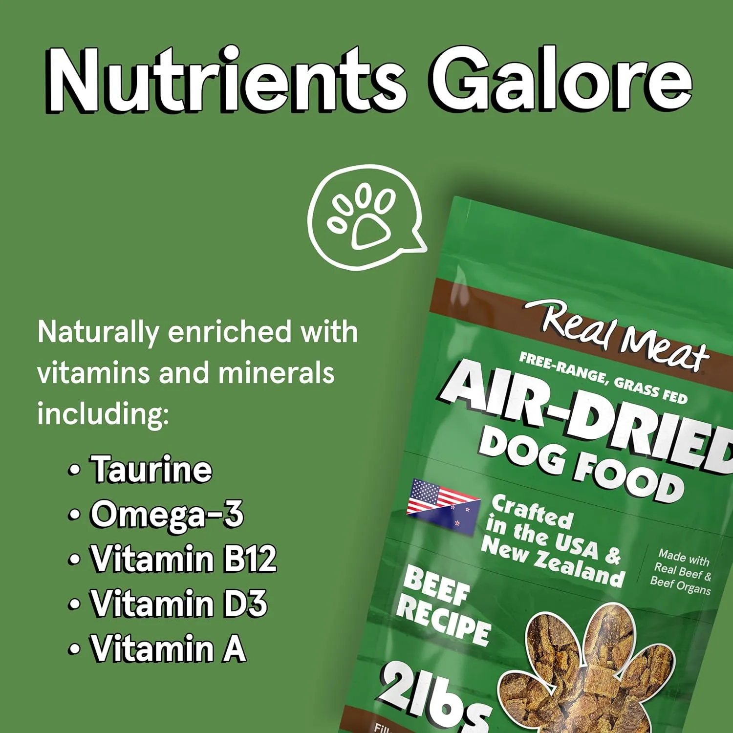 Real Meat Air Dried Dog Food w/Real Beef - 2lb Bag of USA-Crafted Grain-Free Real Meat Dog Food Sourced from Hormone-Free, Free-Range, Grass-Fed Beef - Digestible, All Natural, High Protein Beef
