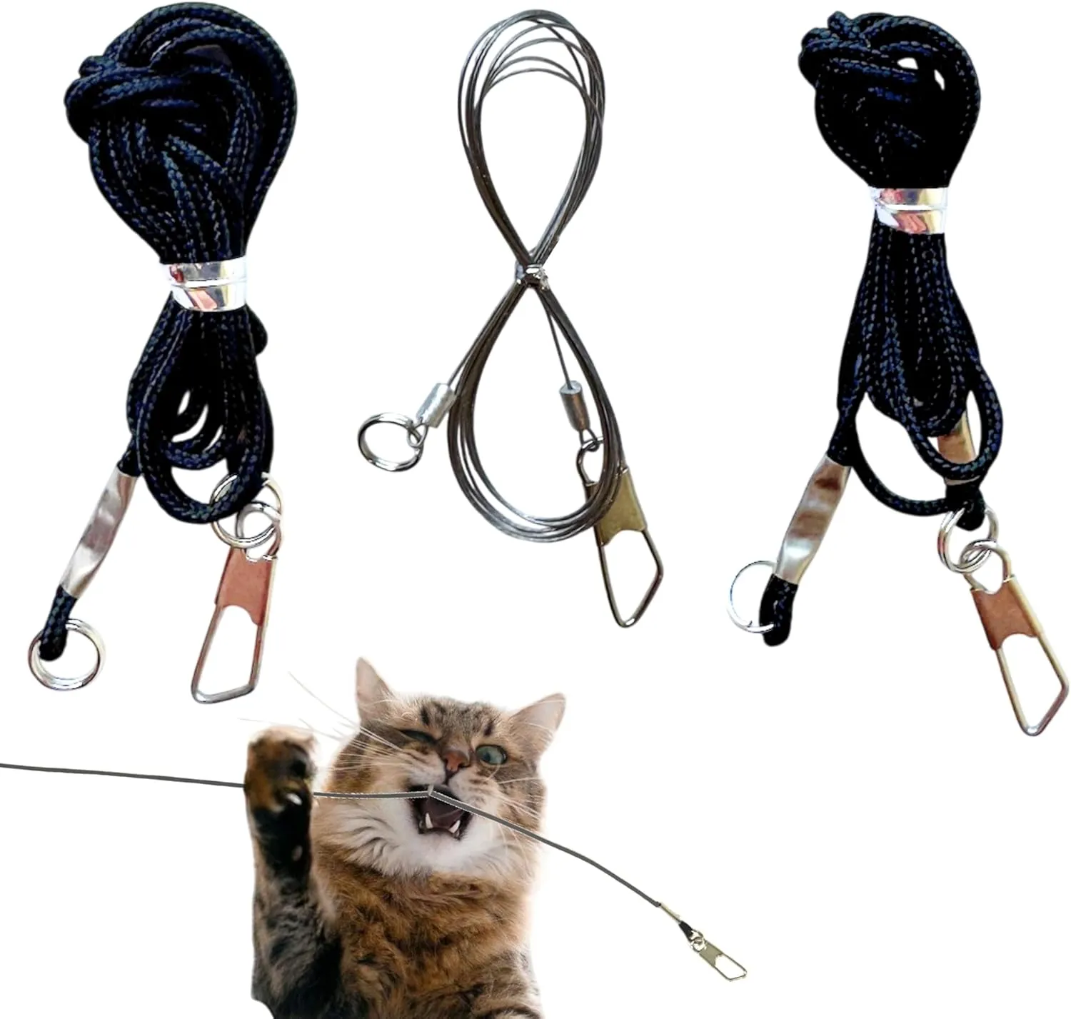 Replacement Strings for Cat Wand Toy - 3-Pieces - Chew-Proof Metal Wire and 2 Durable Paracord Strings - Heavy Chewers Pack Cat Wand Toy Refill Strings with Universal Clasps for All Lures