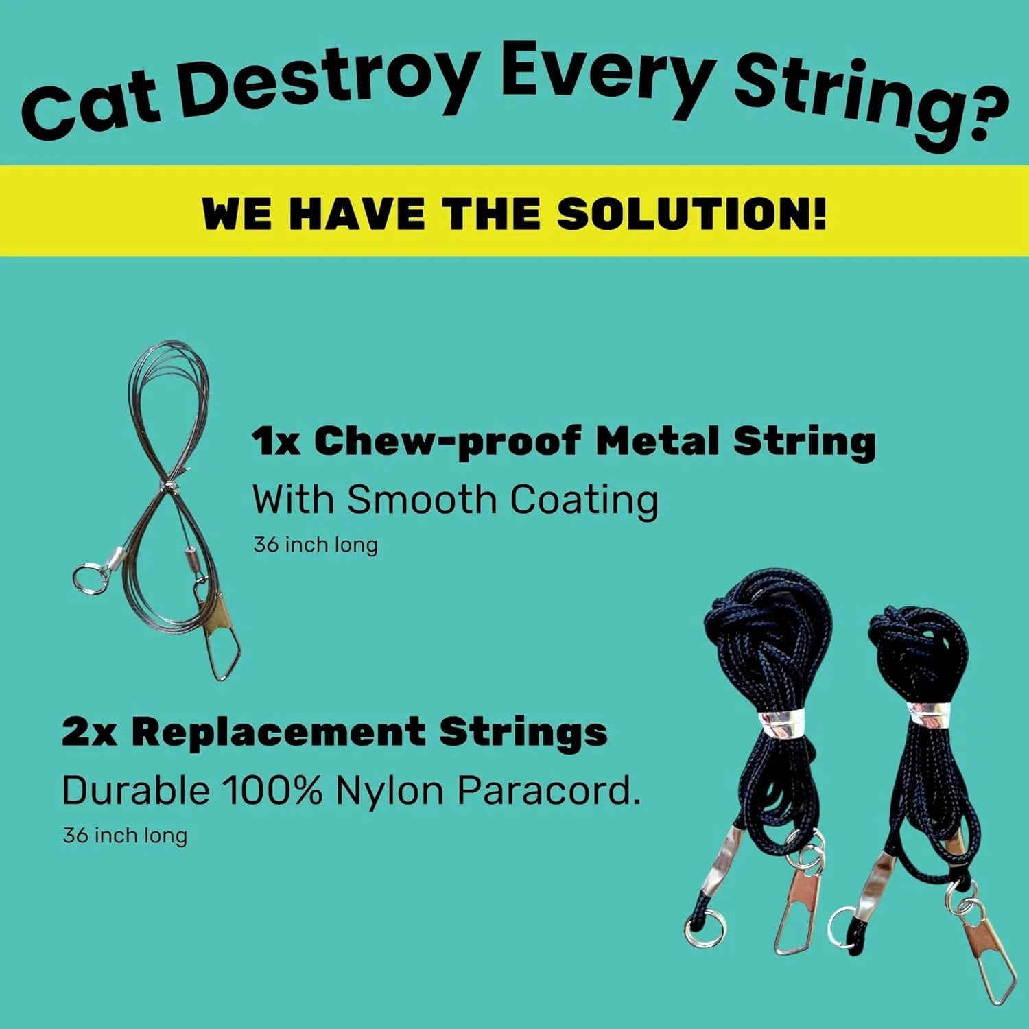 Replacement Strings for Cat Wand Toy - 3-Pieces - Chew-Proof Metal Wire and 2 Durable Paracord Strings - Heavy Chewers Pack Cat Wand Toy Refill Strings with Universal Clasps for All Lures