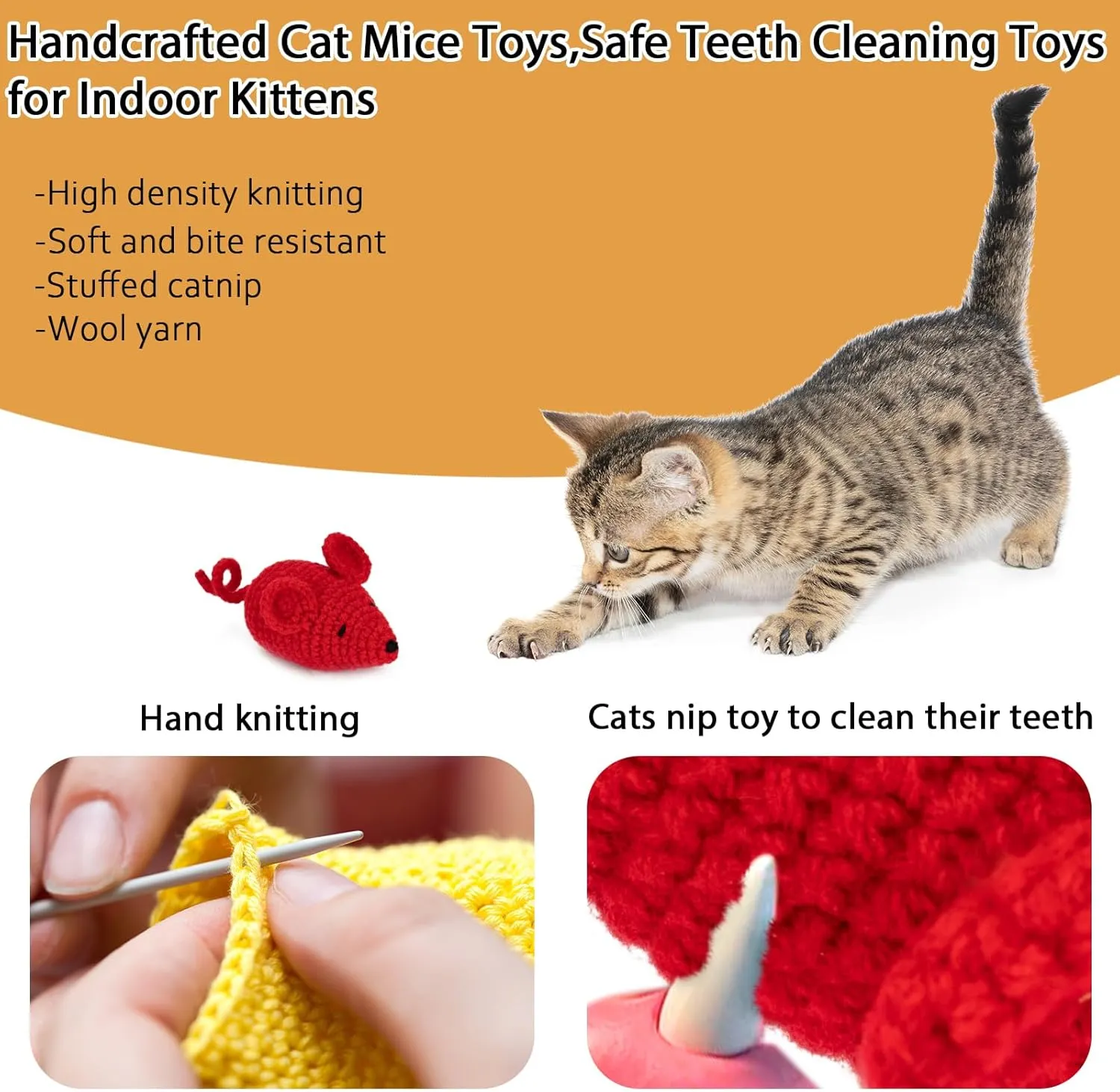 Retro Shaw Wool Yarn Crochet Catnip Mouse,Cat Toys Mice with SilverVine Catnip Inside,Healthy Kitten Teeth Cleaning Dental Chew Toys,Indoor Animals Kitty Toy 3 Pcs