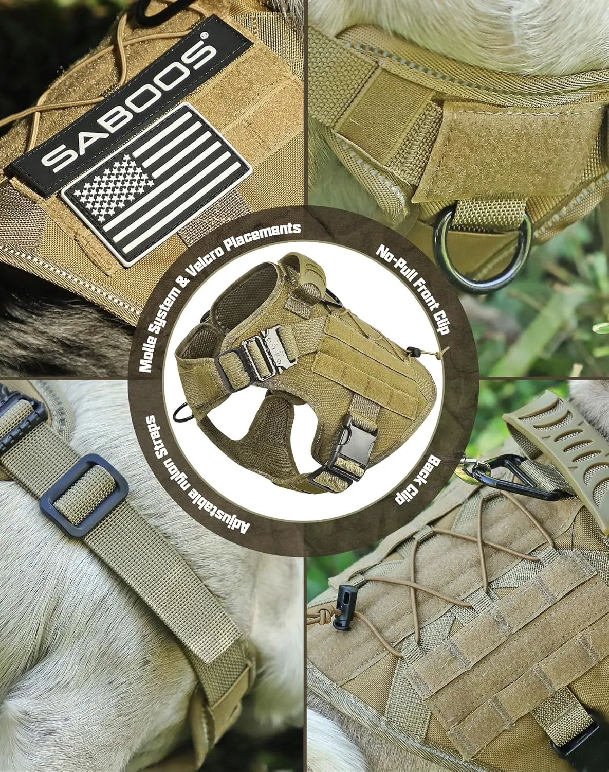 Tactical Dog Harness for Large Dogs Heavy Duty with Handle No-Pull Service Vest Breed Adjustable Military Walking Training Hunting Brown L