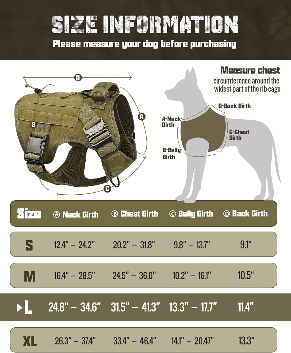 Tactical Dog Harness for Large Dogs Heavy Duty with Handle No-Pull Service Vest Breed Adjustable Military Walking Training Hunting Brown L