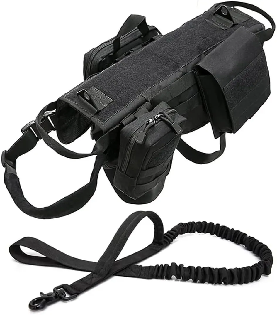 Tactical Dog Vest Harness Heavy Duty Dog Harness with 3 MOLLE Bags&1 Bungee Leash