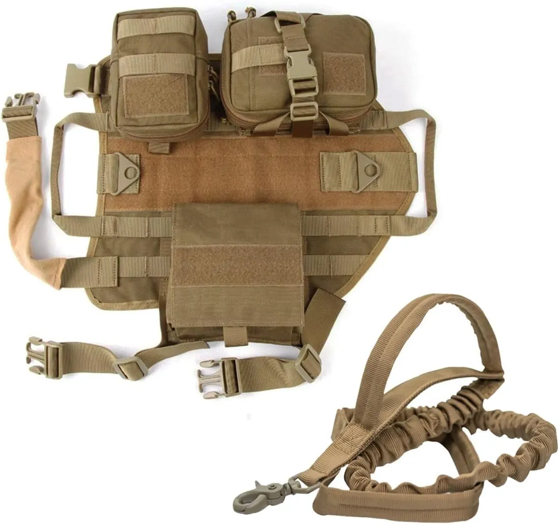 Tactical Dog Vest Harness Heavy Duty Dog Harness with 3 MOLLE Bags&1 Bungee Leash